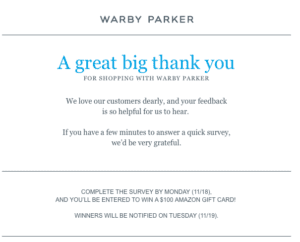 Warby Parker thank you email.