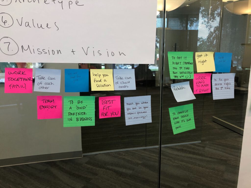 sticky notes on glass to find core values in brand voice workshop